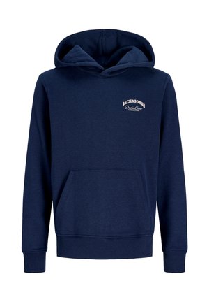 Tmavomodrá mikina s kapucňou, predným vreckom a bielym logom "JACK & JONES Denim Crew Collective" na ľavej strane hrude, s dlhými rukávmi a rebrovanými manžetami a lemom.