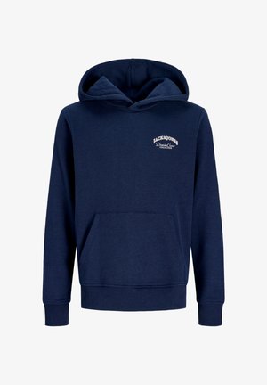 Sweat à capuche bleu marine avec poche avant et logo blanc "JACK & JONES Denim Crew Collective" sur la poitrine gauche, manches longues et poignets et ourlet côtelés.