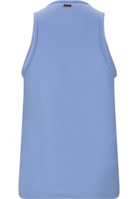 Vaaleansininenolkaimellinen toppi, jossa on sileä pinta ja pyöreä pääntie. Takakuvassa ei ole lisäkuvioita tai yksityiskohtia.