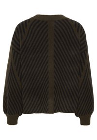 Pull-over en tricot couleur olive avec des rayures diagonales bleu marine et des poignets côtelés. Il présente une coupe boxy et des épaules larges et tombantes.