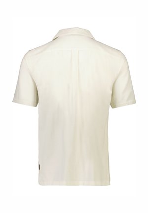 Short-sleeve, collared shirt in off-white linen with a straight cut, back pleat, and side slits for ease of movement.