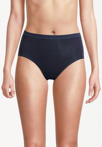 Marineblå hipsterunderbukser lavet af et glat, elastisk stof med et enkelt design, en bred elastik i taljen og uden synlige mønstre.