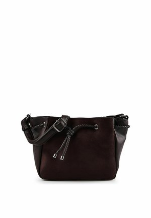 Black leather and suede shoulder bag with adjustable strap and decorative braided drawstring closure at front center.