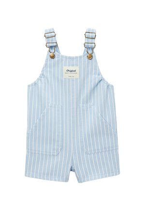 Salopette bébé à rayures verticales bleues et blanches avec deux poches avant et bretelles réglables avec boucles métalliques.