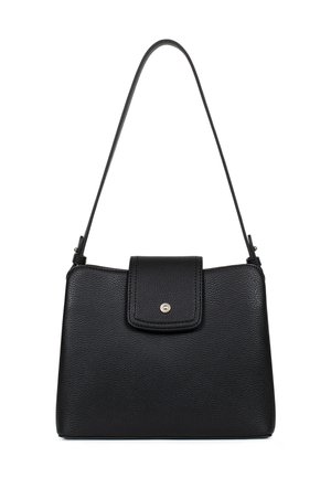 Zwarte leren handtas met een gestructureerde vorm, voorzien van een klep-sluiting en een metallic accent. Dunne schouderriem voor draaggemak.