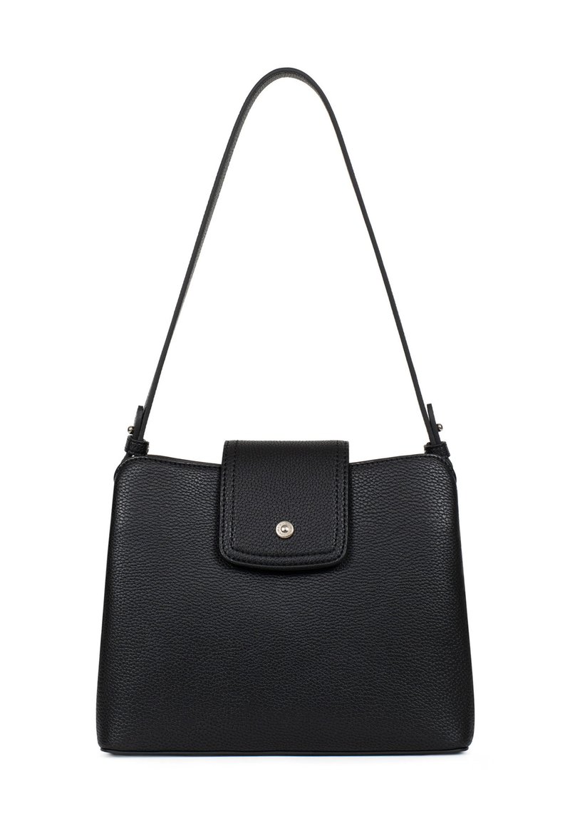 Czarna skórzana torebka o wyraźnej strukturze, z klapką zamykającą i metalowym akcentem. Cienki pasek na ramię dla wygody noszenia.