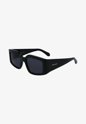 Óculos de sol retangulares pretos com lentes escuras. Apresentam uma armação de plástico brilhante e detalhes texturizados nas hastes. Logotipo gravado na lateral.