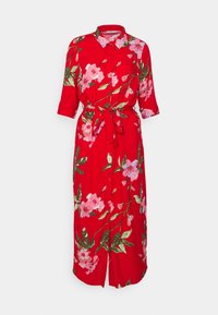 Abito floreale rosso con maniche corte, chiusura frontale a bottoni e vita con cintura. Presenta fiori rosa e foglie verdi su un tessuto liscio.