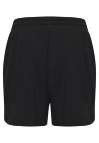 Svarta, lätta shorts med elastisk midja, med en slät tygtextur och en enkel, minimalistisk design. Inga mönster eller hårdvara.
