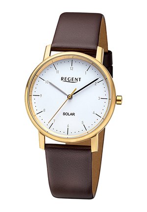 Gold-tone solar watch with a white dial, black hour markers, and brown leather strap. Features minimalist design and slim case.