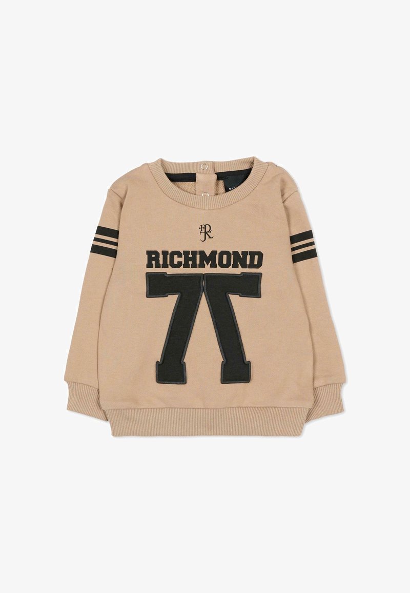Felpa beige con scritta nera "RICHMOND" e numero "77" stampati sul davanti. Presenta strisce nere sulle maniche, polsini e scollo a coste.