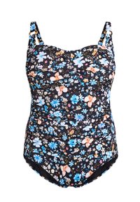 Sort blomsterbadedragt med blå og ferskenfarvede blomster, rynket design, justerbare stropper og blød tekstur. Klassisk badedragt i ét stykke.