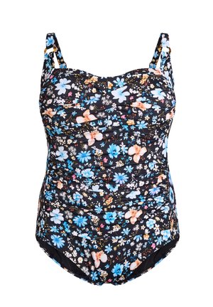 Costume da bagno nero con fiori blu e pesca, design arricciato, spalline regolabili e tessuto morbido. Stile classico intero.