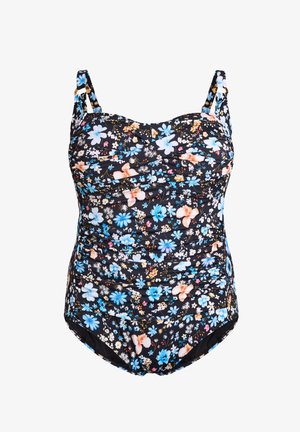 Costume da bagno nero con fiori blu e pesca, design arricciato, spalline regolabili e tessuto morbido. Stile classico intero.
