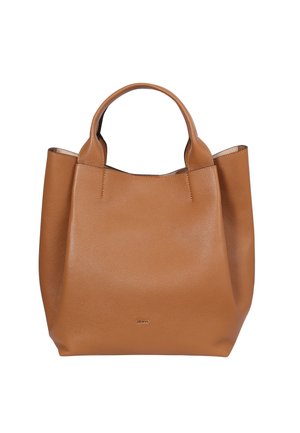Tan leather tote bag with a smooth texture, two short handles, and a minimalist design. Visible brand logo on the front.
