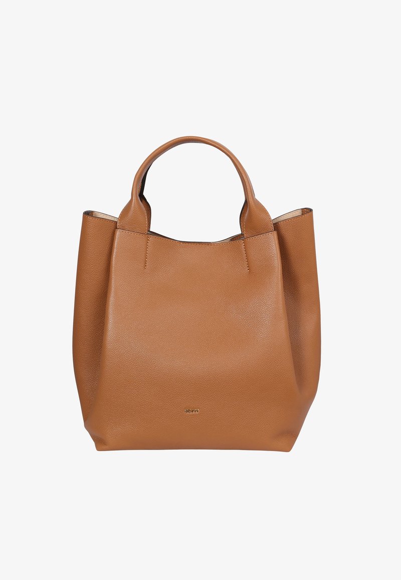Tan leather tote bag with a smooth texture, two short handles, and a minimalist design. Visible brand logo on the front.