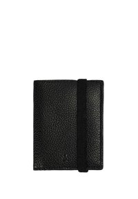 Czarny skórzany portfel o teksturowanej powierzchni, prostokątnym kształcie i z zamknięciem na gumkę. Posiada małe logo w dolnym rogu.