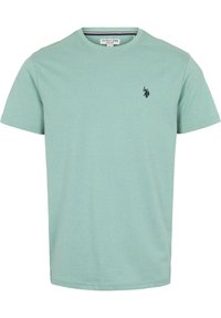 Mint green cotton t-shirt with a crew neck, short sleeves, and a small black logo on the upper left side. Smooth texture and classic fit.