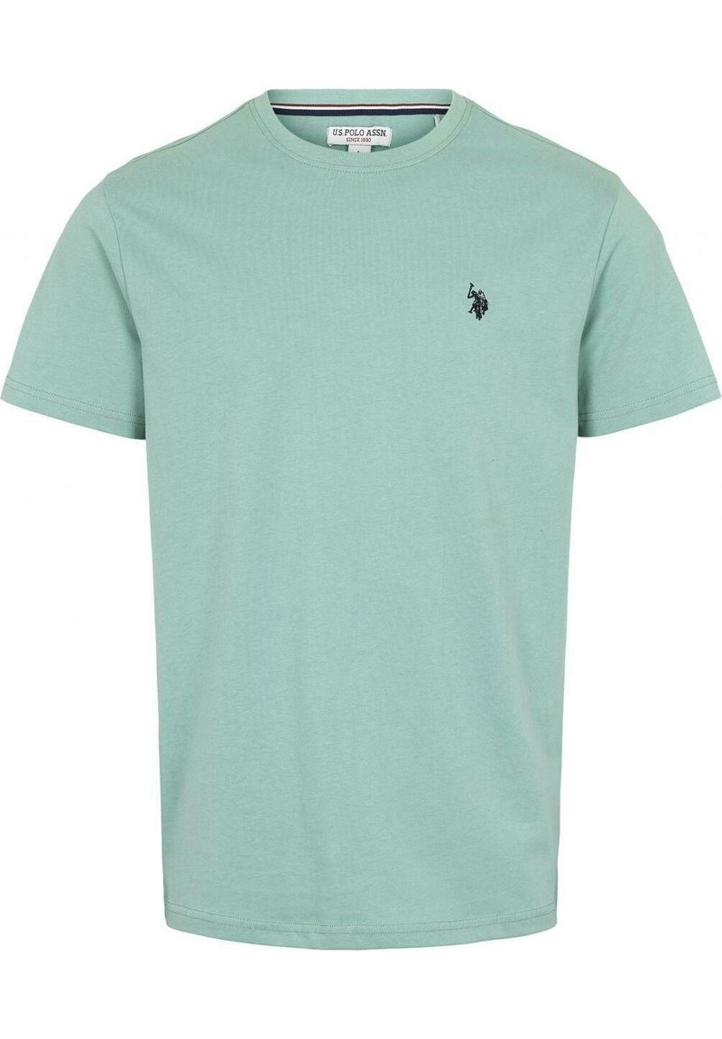 Mint green cotton t-shirt with a crew neck, short sleeves, and a small black logo on the upper left side. Smooth texture and classic fit.