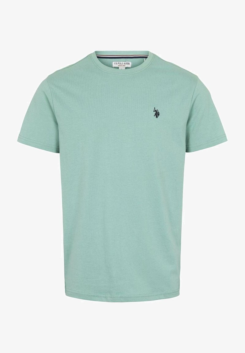 Mint green cotton t-shirt with a crew neck, short sleeves, and a small black logo on the upper left side. Smooth texture and classic fit.
