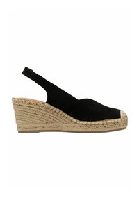 Černé semišové sandály na klínu se slingback páskem, juty obalenou prostřední částí a zaoblenou špičkou. Mají strukturovaný svršek a jednobarevný design.