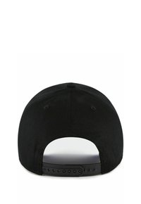 Schwarze Snapback-Cap, die das Rückendesign zeigt, mit flachem Schirm, verstellbarem Kunststoffriemen und Belüftungsöffnungen oben.