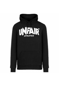 Svart hettegenser laget av myk stoff med en frontlomme, snøring på hetta, og en stor hvit "UNFAIR ATHLETICS" logo på brystet.