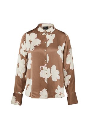 Brązowa satynowa koszula z długim rękawem, zapinana na guziki, z dużym białym kwiatowym wzorem i ostrym kołnierzem.