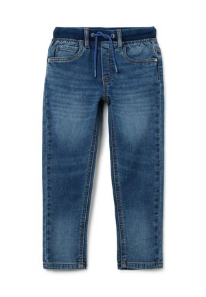 Pantaloni in denim blu con cintura elastica, laccetto regolabile e tasche frontali. Presentano un lavaggio sbiadito e un design a gamba dritta.