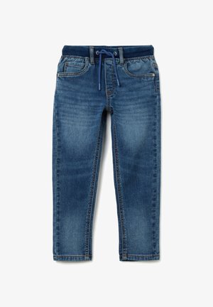 Blauwe denim broek met een elastische tailleband, verstelbare trekkoord en voorzakken. Kenmerkt zich door een vervaagde wassing en een rechte pijp ontwerp.