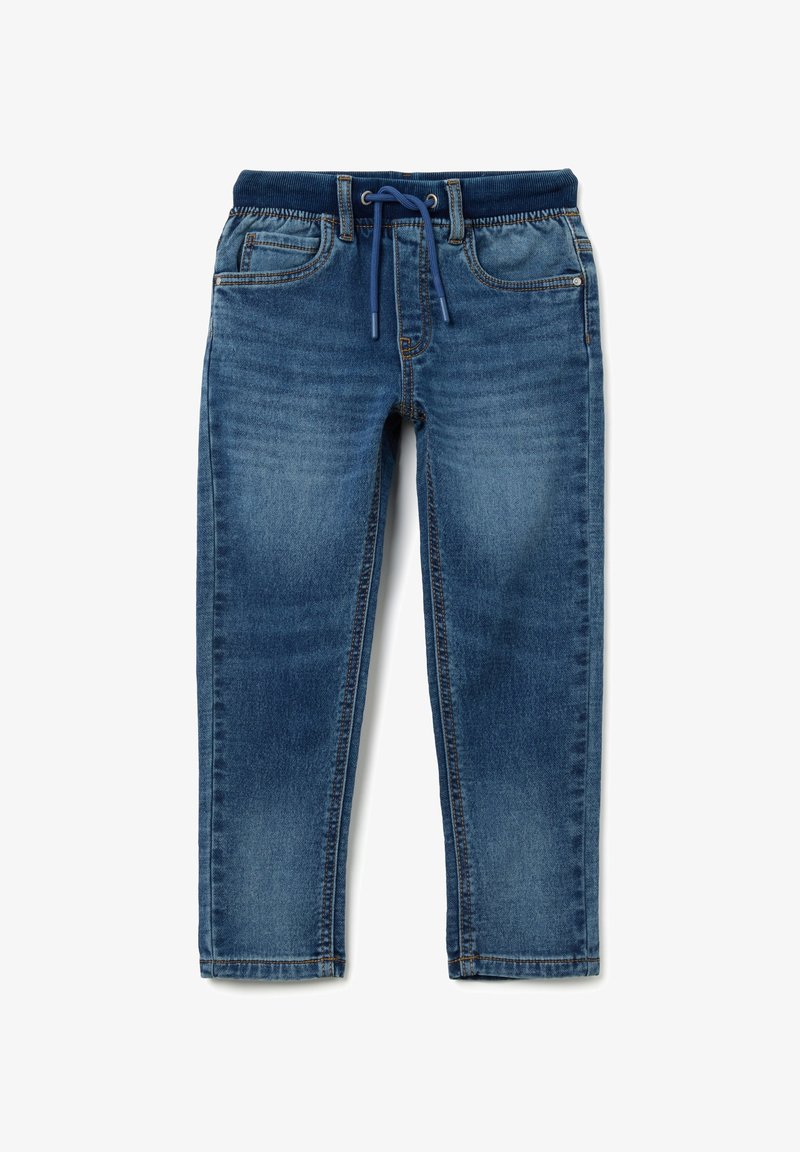 Pantalones de mezclilla azules con una cinturilla elástica, cordón ajustable y bolsillos frontales. Presenta un lavado desvanecido y un diseño de pierna recta.