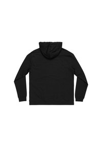Sudadera negra con capucha, de mangas largas, puños y cintura de canalé. Textura de tela suave con un diseño simple y minimalista.