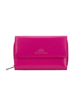 Pink leather wallet with a shiny finish, zippered side, and a flap closure featuring embossed brand logo for added detail.