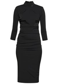 Robe midi noire moulante avec manches trois-quarts et col montant, avec un subtil froncé à la taille et une fermeture éclair au dos.