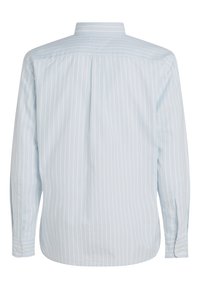 Light blue long-sleeve shirt with vertically striped pattern, buttoned cuffs, and a band collar. Smooth fabric texture with a back pleat.