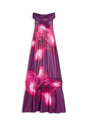 Lila ärmelloses Maxikleid mit Neckholder und großem pinkem Blumenmuster, das über den Stoff fließt.