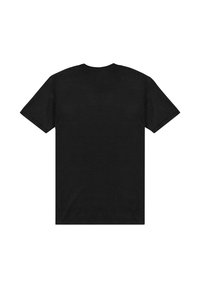 Sort kortærmet t-shirt med rund hals vist fra ryggen på en hvid baggrund.