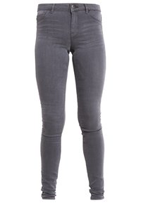 Gray skinny jeans made from denim, featuring a classic five-pocket design, sleek fit, and a metal button closure at the waistband.