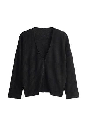 Cardigan nero a coste con scollatura a V, maniche lunghe e chiusura frontale con bottoni. Tessuto morbido con vestibilità comoda.