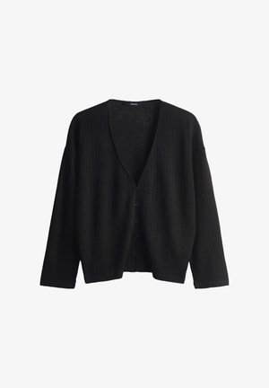 Schwarzer Cardigan aus Rippstrick mit tiefem V-Ausschnitt, langen Ärmeln und sechs Knöpfen vorne.