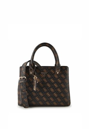 Bolso de cuero con patrón en negro y marrón, con asas superiores, correa de hombro ajustable y logo metálico de la marca en la parte frontal.