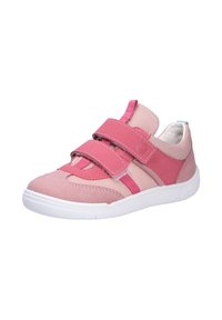 Scarpe da ginnastica rosa e rosa chiaro con doppie cinghie in Velcro, materiali lisci e testurizzati, punta arrotondata e suola in gomma bianca.