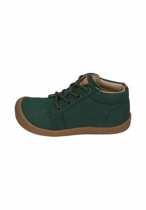 Green leather casual ankle shoe with brown rubber sole, lace-up front, and padded collar for comfort, viewed from the side.