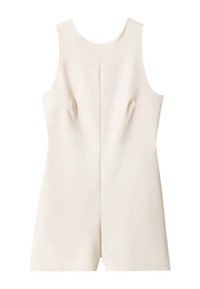 Combinaison sans manches beige clair avec un col rond, un corsage structuré et une fermeture éclair dans le dos. Texture lisse, longueur au-dessus du genou.