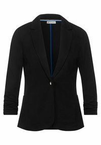 Černý blazer s jedním knoflíkem, klopovým límcem a tříčtvrtečními rukávy. Má hladkou texturu a kontrastní modrou podšívku.