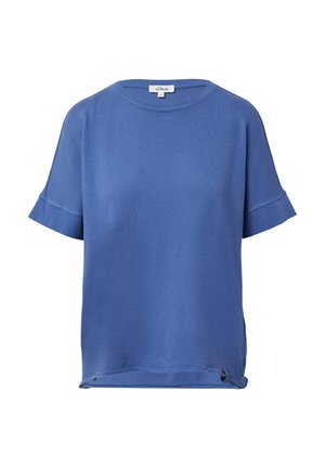 Blauw kortemouwenshirt gemaakt van zachte stof, met een ronde hals, opgerolde mouwen en een iets losse pasvorm met zijsplit.