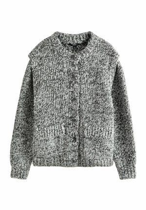 Grauer und weißer gestrickter Cardigan mit rundem Kragen, langen Ärmeln, sechs schwarzen Knöpfen und zwei Vorderaschen. Strukturierter Stoff mit einem groben Muster.