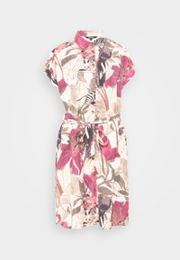 Abito camicia a maniche corte, con un motivo floreale nei colori rosa, viola e beige, con una cintura in vita, realizzato in un tessuto leggero.