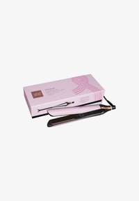 GHD-rakapparat i svart och rosa med en slät rektangulär design. Förpackningen har ett rosa bandmönster och produktinformation i svart.