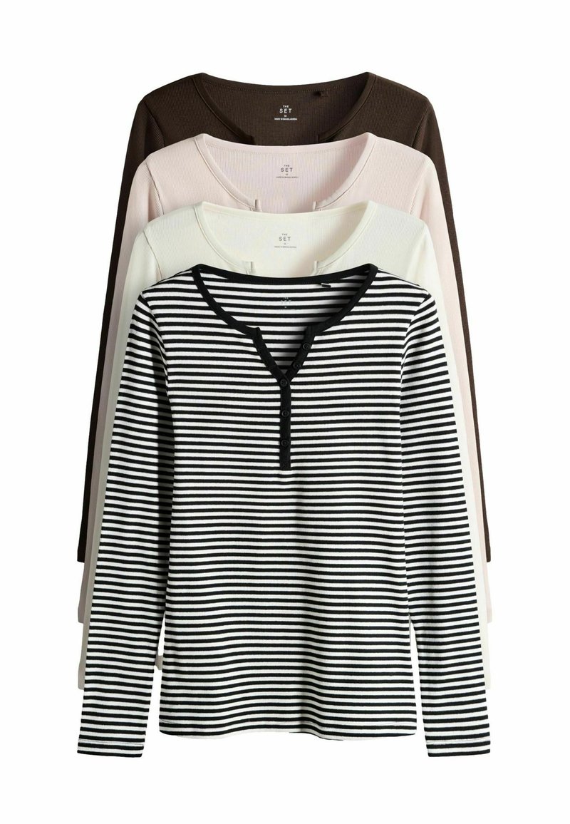 Kolmepakk pikka varrukat särgid: üks must, üks helesinine ja üks valge mustade triipudega. Igal särgil on henley kaelus ja pehme tekstuur.